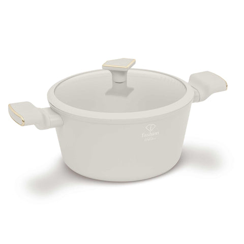 Product image of Casserole with lid 24cm. Part of the MATTE CREAM- GOLD . Features: • Material: forged aluminum with non-stick titanPro coating • Casserole with lid Ø24*11,8 cm 4,1L • Color: matt cream- gold. (Studio view). Official Berlinger Haus product, boosted by Promintra sl.