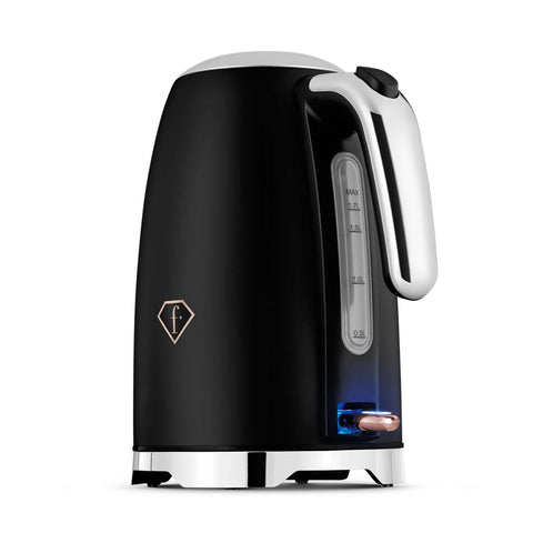 Product image of Electric kettle. Part of the MATTE BLACK- ROSE GOLD . Features: • Material: 18/10 stainless steel, plastic • Capacity: 1,7L • Voltage: 220-240V,50/60Hz • Power: 2200 W • Length of power cord: 65-70 cm • Color: b.... (Studio view). Official Berlinger Haus product, boosted by Promintra sl.