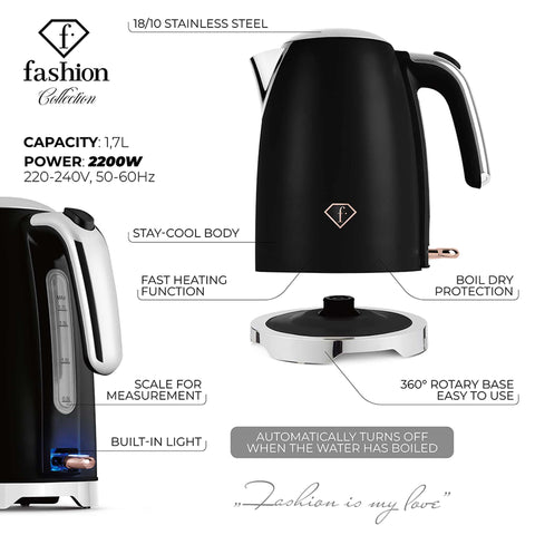 Product image of Electric kettle. Part of the MATTE BLACK- ROSE GOLD . Features: • Material: 18/10 stainless steel, plastic • Capacity: 1,7L • Voltage: 220-240V,50/60Hz • Power: 2200 W • Length of power cord: 65-70 cm • Color: b.... (Studio view). Official Berlinger Haus product, boosted by Promintra sl.