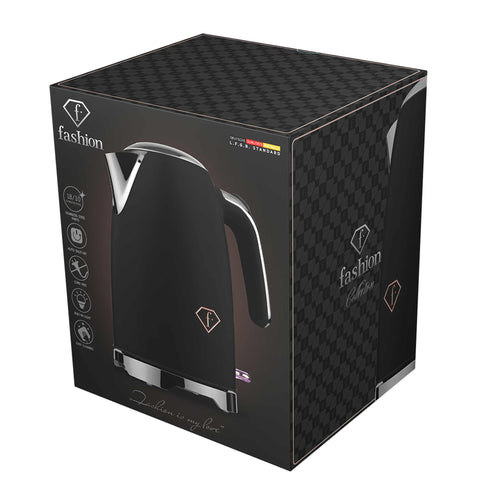 Product image of Electric kettle. Part of the MATTE BLACK- ROSE GOLD . Features: • Material: 18/10 stainless steel, plastic • Capacity: 1,7L • Voltage: 220-240V,50/60Hz • Power: 2200 W • Length of power cord: 65-70 cm • Color: b.... (Studio view). Official Berlinger Haus product, boosted by Promintra sl.