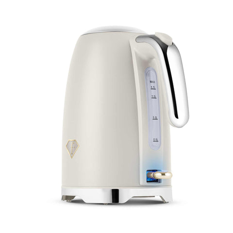 Product image of Electric kettle. Part of the MATTE CREAM- GOLD . Features: • Material: 18/10 stainless steel, plastic • Capacity: 1,7L • Voltage: 220-240V,50/60Hz • Power: 2200 W • Length of power cord: 65-70 cm • Color: c.... (Studio view). Official Berlinger Haus product, boosted by Promintra sl.