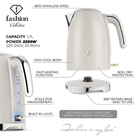 Product image of Electric kettle. Part of the MATTE CREAM- GOLD . Features: • Material: 18/10 stainless steel, plastic • Capacity: 1,7L • Voltage: 220-240V,50/60Hz • Power: 2200 W • Length of power cord: 65-70 cm • Color: c.... (Studio view). Official Berlinger Haus product, boosted by Promintra sl.
