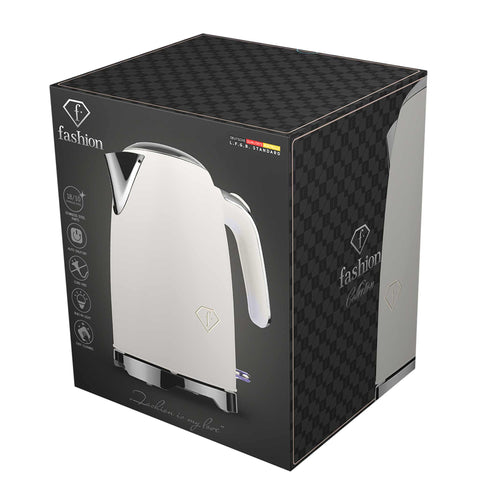 Product image of Electric kettle. Part of the MATTE CREAM- GOLD . Features: • Material: 18/10 stainless steel, plastic • Capacity: 1,7L • Voltage: 220-240V,50/60Hz • Power: 2200 W • Length of power cord: 65-70 cm • Color: c.... (Studio view). Official Berlinger Haus product, boosted by Promintra sl.