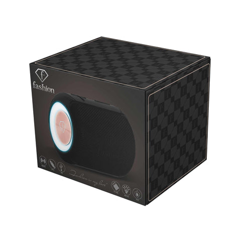 Product image of Bluetooth speaker small size. Part of the MATTE BLACK- ROSE GOLD . Features: • Size: 8,5*8,9*11,5 cm • Bluetooth version 5.2 • Accessories: • Type C charging cable • Travel bag • Color: black- rose gold. (Studio view). Official Berlinger Haus product, boosted by Promintra sl.