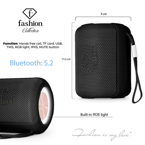  FTV-0115, altavoz Bluetooth de tamaño pequeño, negro oro rosa, altavoz Bluetooth, carga por cable eléctrico/tipo C
