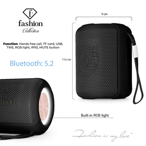 Product image of Bluetooth speaker small size. Part of the MATTE BLACK- ROSE GOLD . Features: • Size: 8,5*8,9*11,5 cm • Bluetooth version 5.2 • Accessories: • Type C charging cable • Travel bag • Color: black- rose gold. (Studio view). Official Berlinger Haus product, boosted by Promintra sl.