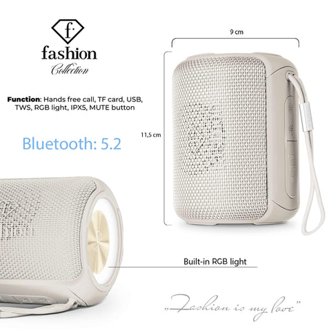 Product image of Bluetooth speaker small size. Part of the MATTE CREAM- GOLD . Features: • Size: 8,5*8,9*11,5 cm • Bluetooth version 5.2 • Accessories: • Type C charging cable • Travel bag • Color: cream- gold. (Studio view). Official Berlinger Haus product, boosted by Promintra sl.