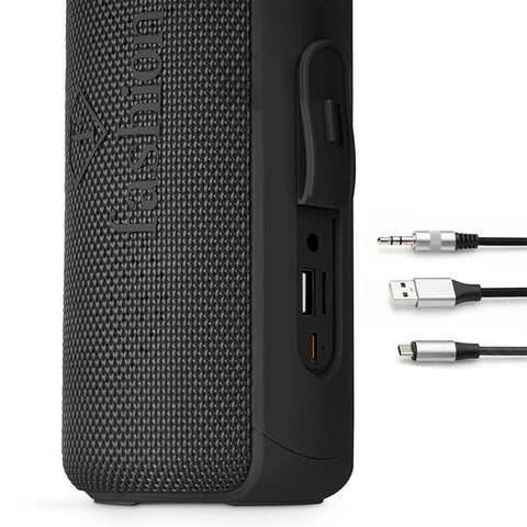  FTV-0117, altavoz Bluetooth de tamaño mediano, negro y oro rosa, altavoz Bluetooth, carga por cable eléctrico/tipo C