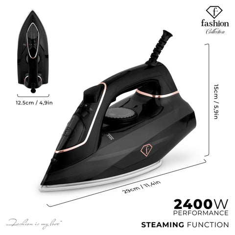 Product image of Iron. Part of the MATTE BLACK- ROSE GOLD . Features: • 220-240V, 50/60Hz, 2400 W • Functions: Dry/Steam/Vertical steam/Burst/Spray/Self clean/Anti scale/Anti drip • Water tank capacity: 280 ml • Lengt.... (Studio view). Official Berlinger Haus product, boosted by Promintra sl.