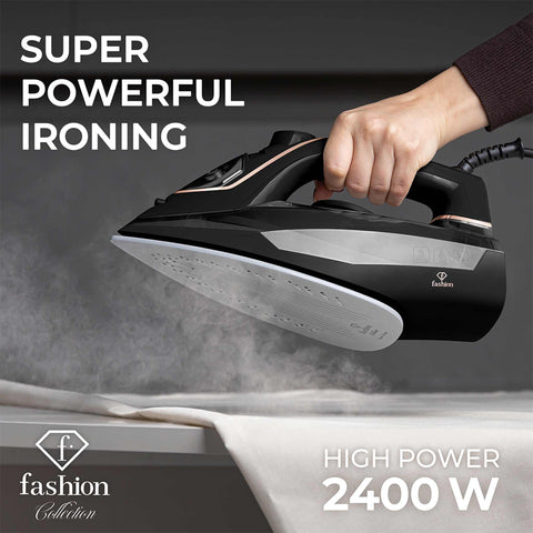 Product image of Iron. Part of the MATTE BLACK- ROSE GOLD . Features: • 220-240V, 50/60Hz, 2400 W • Functions: Dry/Steam/Vertical steam/Burst/Spray/Self clean/Anti scale/Anti drip • Water tank capacity: 280 ml • Lengt.... (Studio view). Official Berlinger Haus product, boosted by Promintra sl.