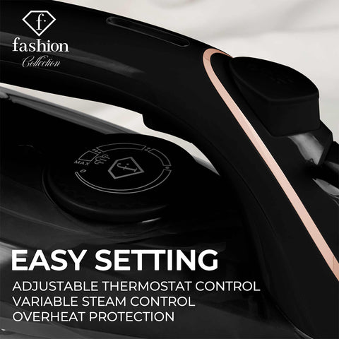 Product image of Iron. Part of the MATTE BLACK- ROSE GOLD . Features: • 220-240V, 50/60Hz, 2400 W • Functions: Dry/Steam/Vertical steam/Burst/Spray/Self clean/Anti scale/Anti drip • Water tank capacity: 280 ml • Lengt.... (Studio view). Official Berlinger Haus product, boosted by Promintra sl.