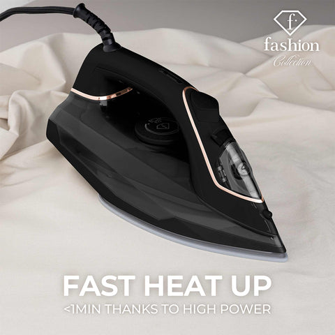 Product image of Iron. Part of the MATTE BLACK- ROSE GOLD . Features: • 220-240V, 50/60Hz, 2400 W • Functions: Dry/Steam/Vertical steam/Burst/Spray/Self clean/Anti scale/Anti drip • Water tank capacity: 280 ml • Lengt.... (Studio view). Official Berlinger Haus product, boosted by Promintra sl.