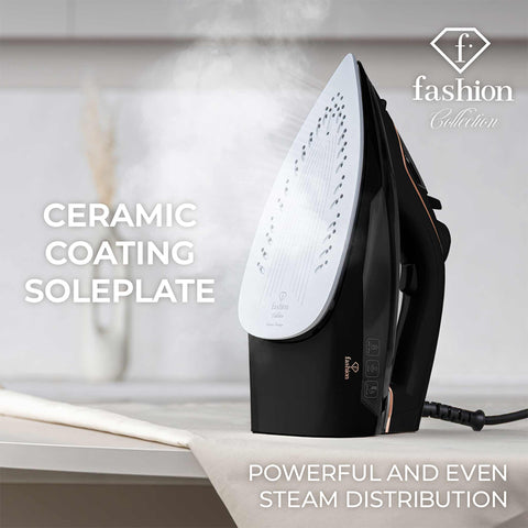 Product image of Iron. Part of the MATTE BLACK- ROSE GOLD . Features: • 220-240V, 50/60Hz, 2400 W • Functions: Dry/Steam/Vertical steam/Burst/Spray/Self clean/Anti scale/Anti drip • Water tank capacity: 280 ml • Lengt.... (Studio view). Official Berlinger Haus product, boosted by Promintra sl.