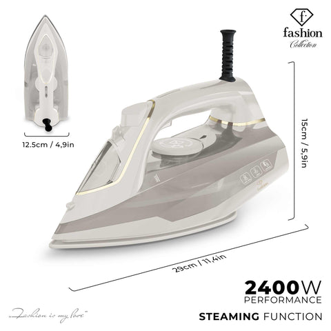 Product image of Iron. Part of the MATTE CREAM- GOLD . Features: • 220-240V, 50/60Hz, 2400 W • Functions: Dry/Steam/Vertical steam/Burst/Spray/Self clean/Anti scale/Anti drip • Water tank capacity: 280 ml • Lengt.... (Studio view). Official Berlinger Haus product, boosted by Promintra sl.