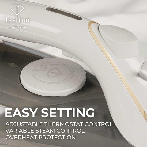 Product image of Iron. Part of the MATTE CREAM- GOLD . Features: • 220-240V, 50/60Hz, 2400 W • Functions: Dry/Steam/Vertical steam/Burst/Spray/Self clean/Anti scale/Anti drip • Water tank capacity: 280 ml • Lengt.... (Studio view). Official Berlinger Haus product, boosted by Promintra sl.