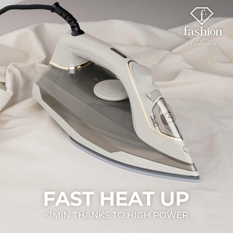 Product image of Iron. Part of the MATTE CREAM- GOLD . Features: • 220-240V, 50/60Hz, 2400 W • Functions: Dry/Steam/Vertical steam/Burst/Spray/Self clean/Anti scale/Anti drip • Water tank capacity: 280 ml • Lengt.... (Studio view). Official Berlinger Haus product, boosted by Promintra sl.