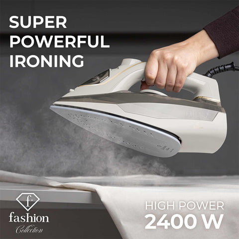 Product image of Iron. Part of the MATTE CREAM- GOLD . Features: • 220-240V, 50/60Hz, 2400 W • Functions: Dry/Steam/Vertical steam/Burst/Spray/Self clean/Anti scale/Anti drip • Water tank capacity: 280 ml • Lengt.... (Studio view). Official Berlinger Haus product, boosted by Promintra sl.