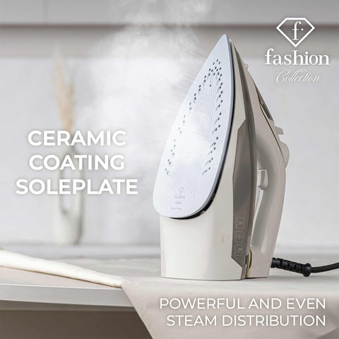 Product image of Iron. Part of the MATTE CREAM- GOLD . Features: • 220-240V, 50/60Hz, 2400 W • Functions: Dry/Steam/Vertical steam/Burst/Spray/Self clean/Anti scale/Anti drip • Water tank capacity: 280 ml • Lengt.... (Studio view). Official Berlinger Haus product, boosted by Promintra sl.