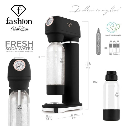 Product image of Soda maker with 2bottles and barometer universal CO2cylinders size. Part of the MATTE BLACK- ROSE GOLD . Features: • Material: stainless steel, pp • Size: 43,5*22*12 cm • 2 pcs pp bottle with cup: 1,0L and 0,5L • Universal, standard CO2 cylinders size (not inclu.... (Studio view). Official Berlinger Haus product, boosted by Promintra sl.