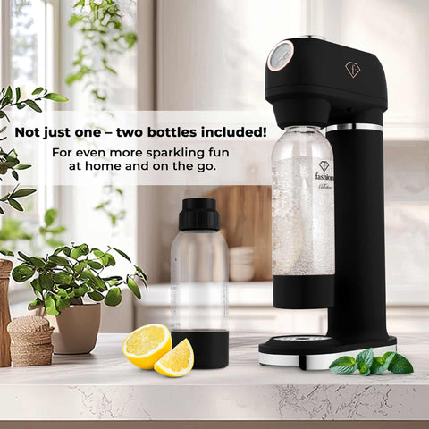 Product image of Soda maker with 2bottles and barometer universal CO2cylinders size. Part of the MATTE BLACK- ROSE GOLD . Features: • Material: stainless steel, pp • Size: 43,5*22*12 cm • 2 pcs pp bottle with cup: 1,0L and 0,5L • Universal, standard CO2 cylinders size (not inclu.... (Studio view). Official Berlinger Haus product, boosted by Promintra sl.