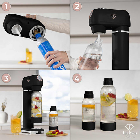 Product image of Soda maker with 2bottles and barometer universal CO2cylinders size. Part of the MATTE BLACK- ROSE GOLD . Features: • Material: stainless steel, pp • Size: 43,5*22*12 cm • 2 pcs pp bottle with cup: 1,0L and 0,5L • Universal, standard CO2 cylinders size (not inclu.... (Studio view). Official Berlinger Haus product, boosted by Promintra sl.