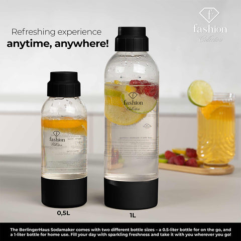 Product image of Soda maker with 2bottles and barometer universal CO2cylinders size. Part of the MATTE BLACK- ROSE GOLD . Features: • Material: stainless steel, pp • Size: 43,5*22*12 cm • 2 pcs pp bottle with cup: 1,0L and 0,5L • Universal, standard CO2 cylinders size (not inclu.... (Studio view). Official Berlinger Haus product, boosted by Promintra sl.
