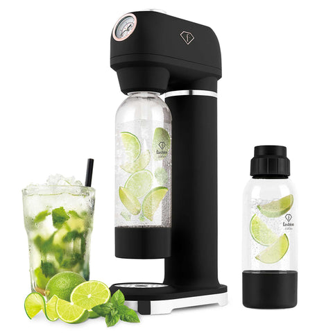 Product image of Soda maker with 2bottles and barometer universal CO2cylinders size. Part of the MATTE BLACK- ROSE GOLD . Features: • Material: stainless steel, pp • Size: 43,5*22*12 cm • 2 pcs pp bottle with cup: 1,0L and 0,5L • Universal, standard CO2 cylinders size (not inclu.... (Studio view). Official Berlinger Haus product, boosted by Promintra sl.