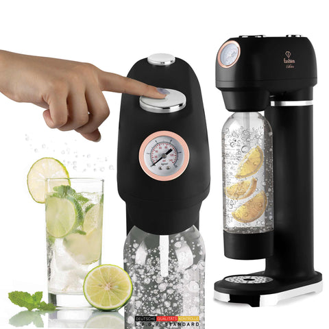 Product image of Soda maker with 2bottles and barometer universal CO2cylinders size. Part of the MATTE BLACK- ROSE GOLD . Features: • Material: stainless steel, pp • Size: 43,5*22*12 cm • 2 pcs pp bottle with cup: 1,0L and 0,5L • Universal, standard CO2 cylinders size (not inclu.... (Studio view). Official Berlinger Haus product, boosted by Promintra sl.