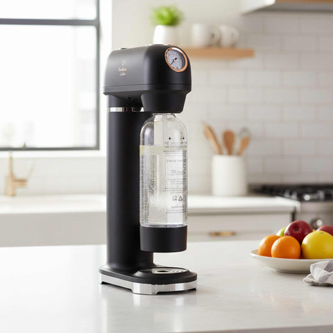 Product image of Soda maker with 2bottles and barometer universal CO2cylinders size. Part of the MATTE BLACK- ROSE GOLD . Features: • Material: stainless steel, pp • Size: 43,5*22*12 cm • 2 pcs pp bottle with cup: 1,0L and 0,5L • Universal, standard CO2 cylinders size (not inclu.... (Studio view). Official Berlinger Haus product, boosted by Promintra sl.