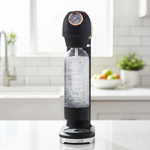 Product image of Soda maker with 2bottles and barometer universal CO2cylinders size. Part of the MATTE BLACK- ROSE GOLD . Features: • Material: stainless steel, pp • Size: 43,5*22*12 cm • 2 pcs pp bottle with cup: 1,0L and 0,5L • Universal, standard CO2 cylinders size (not inclu.... (Studio view). Official Berlinger Haus product, boosted by Promintra sl.