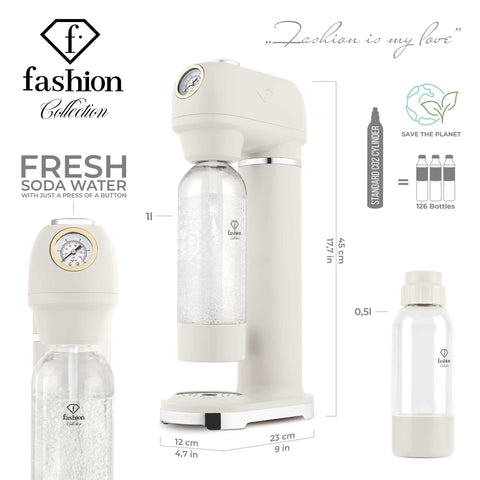 Product image of Soda maker with 2bottles and barometer universal CO2cylinders size. Part of the MATTE CREAM- GOLD . Features: • Material: stainless steel, pp • Size: 43,5*22*12 cm • 2 pcs pp bottle with cup: 1,0L and 0,5L • Universal, standard CO2 cylinders size (not inclu.... (Conceptual view). Official Berlinger Haus product, boosted by Promintra sl.