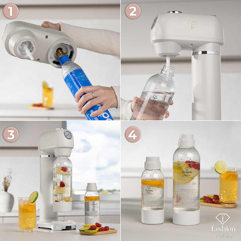 Product image of Soda maker with 2bottles and barometer universal CO2cylinders size. Part of the MATTE CREAM- GOLD . Features: • Material: stainless steel, pp • Size: 43,5*22*12 cm • 2 pcs pp bottle with cup: 1,0L and 0,5L • Universal, standard CO2 cylinders size (not inclu.... (Conceptual view). Official Berlinger Haus product, boosted by Promintra sl.