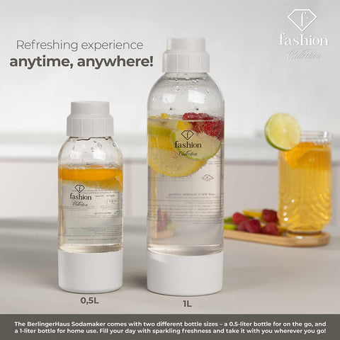 Product image of Soda maker with 2bottles and barometer universal CO2cylinders size. Part of the MATTE CREAM- GOLD . Features: • Material: stainless steel, pp • Size: 43,5*22*12 cm • 2 pcs pp bottle with cup: 1,0L and 0,5L • Universal, standard CO2 cylinders size (not inclu.... (Conceptual view). Official Berlinger Haus product, boosted by Promintra sl.