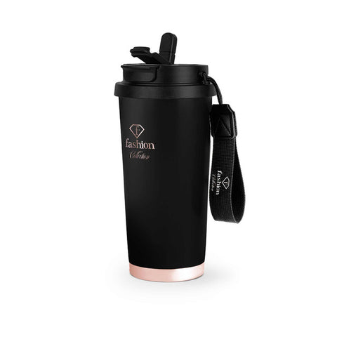  FTV-0132, Taza de café 0,5L, Negro mate Oro rosa, Taza de café, Taza de café de viaje, Botella, Frasco