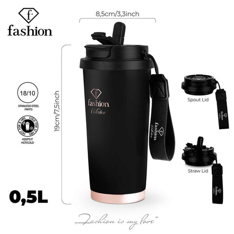 FTV-0132, Tassa de cafè 0,5L, Negre mat Or rosa, Tassa de cafè, Tassa de cafè de viatge, Ampolla, Flascó