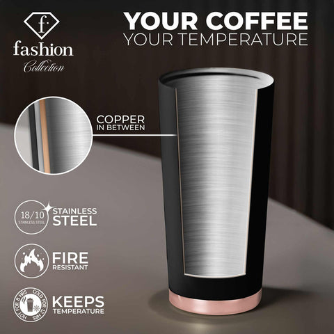 FTV-0132, Tassa de cafè 0,5L, Negre mat Or rosa, Tassa de cafè, Tassa de cafè de viatge, Ampolla, Flascó