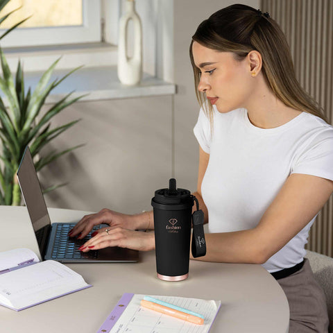 FTV-0132, Tassa de cafè 0,5L, Negre mat Or rosa, Tassa de cafè, Tassa de cafè de viatge, Ampolla, Flascó