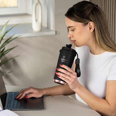 FTV-0132, Tassa de cafè 0,5L, Negre mat Or rosa, Tassa de cafè, Tassa de cafè de viatge, Ampolla, Flascó