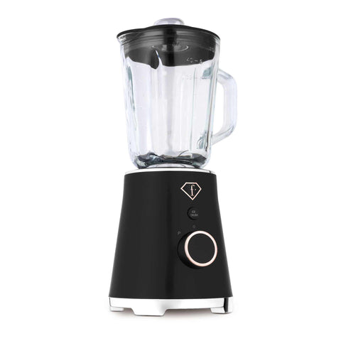 Product image of Table blender with 1,5L GLASS jar 1000W. Part of the MATTE BLACK- ROSE GOLD . Features: • Material: plastic, glass • Power: 1000 W • Voltage: 220-240V, 50-60 Hz • 1,5 L glass jar • Length of power cord: 80 cm • Color: black- rose gold. (Studio view). Official Berlinger Haus product, boosted by Promintra sl.