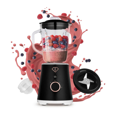 Product image of Table blender with 1,5L GLASS jar 1000W. Part of the MATTE BLACK- ROSE GOLD . Features: • Material: plastic, glass • Power: 1000 W • Voltage: 220-240V, 50-60 Hz • 1,5 L glass jar • Length of power cord: 80 cm • Color: black- rose gold. (Studio view). Official Berlinger Haus product, boosted by Promintra sl.