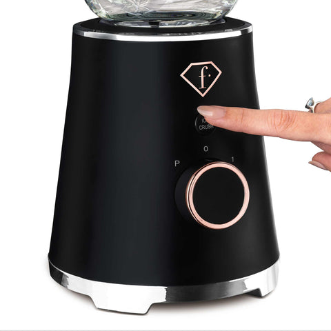 Product image of Table blender with 1,5L GLASS jar 1000W. Part of the MATTE BLACK- ROSE GOLD . Features: • Material: plastic, glass • Power: 1000 W • Voltage: 220-240V, 50-60 Hz • 1,5 L glass jar • Length of power cord: 80 cm • Color: black- rose gold. (Studio view). Official Berlinger Haus product, boosted by Promintra sl.