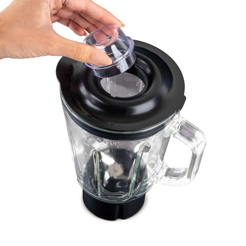 Product image of Table blender with 1,5L GLASS jar 1000W. Part of the MATTE BLACK- ROSE GOLD . Features: • Material: plastic, glass • Power: 1000 W • Voltage: 220-240V, 50-60 Hz • 1,5 L glass jar • Length of power cord: 80 cm • Color: black- rose gold. (Studio view). Official Berlinger Haus product, boosted by Promintra sl.