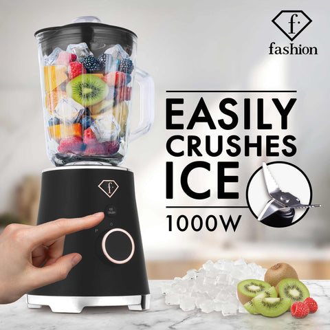 Product image of Table blender with 1,5L GLASS jar 1000W. Part of the MATTE BLACK- ROSE GOLD . Features: • Material: plastic, glass • Power: 1000 W • Voltage: 220-240V, 50-60 Hz • 1,5 L glass jar • Length of power cord: 80 cm • Color: black- rose gold. (Studio view). Official Berlinger Haus product, boosted by Promintra sl.