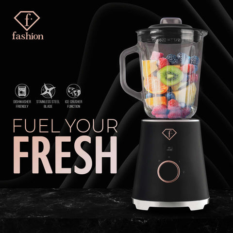 Product image of Table blender with 1,5L GLASS jar 1000W. Part of the MATTE BLACK- ROSE GOLD . Features: • Material: plastic, glass • Power: 1000 W • Voltage: 220-240V, 50-60 Hz • 1,5 L glass jar • Length of power cord: 80 cm • Color: black- rose gold. (Studio view). Official Berlinger Haus product, boosted by Promintra sl.