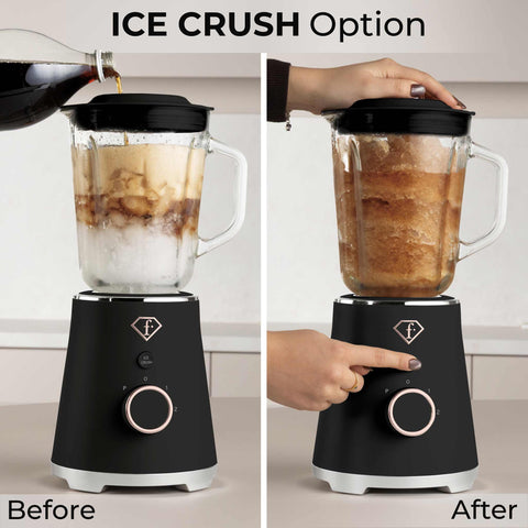 Product image of Table blender with 1,5L GLASS jar 1000W. Part of the MATTE BLACK- ROSE GOLD . Features: • Material: plastic, glass • Power: 1000 W • Voltage: 220-240V, 50-60 Hz • 1,5 L glass jar • Length of power cord: 80 cm • Color: black- rose gold. (Studio view). Official Berlinger Haus product, boosted by Promintra sl.