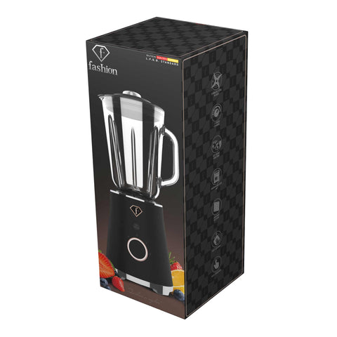 Product image of Table blender with 1,5L GLASS jar 1000W. Part of the MATTE BLACK- ROSE GOLD . Features: • Material: plastic, glass • Power: 1000 W • Voltage: 220-240V, 50-60 Hz • 1,5 L glass jar • Length of power cord: 80 cm • Color: black- rose gold. (Studio view). Official Berlinger Haus product, boosted by Promintra sl.
