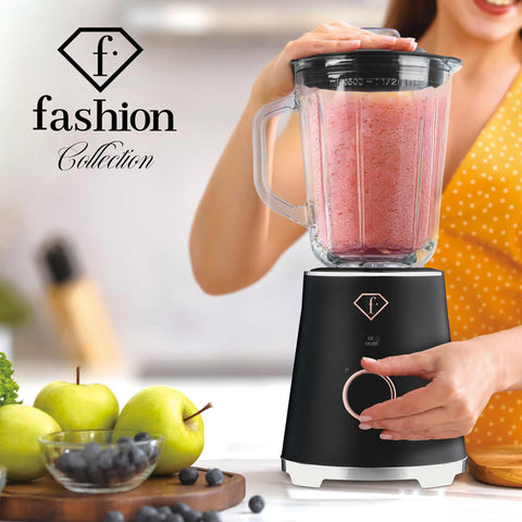Product image of Table blender with 1,5L GLASS jar 1000W. Part of the MATTE BLACK- ROSE GOLD . Features: • Material: plastic, glass • Power: 1000 W • Voltage: 220-240V, 50-60 Hz • 1,5 L glass jar • Length of power cord: 80 cm • Color: black- rose gold. (Studio view). Official Berlinger Haus product, boosted by Promintra sl.