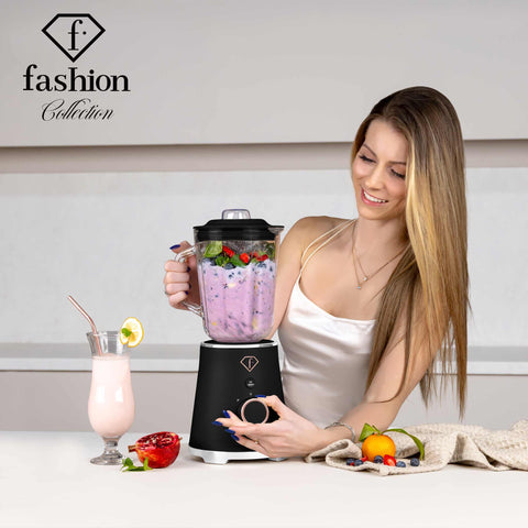 Product image of Table blender with 1,5L GLASS jar 1000W. Part of the MATTE BLACK- ROSE GOLD . Features: • Material: plastic, glass • Power: 1000 W • Voltage: 220-240V, 50-60 Hz • 1,5 L glass jar • Length of power cord: 80 cm • Color: black- rose gold. (Studio view). Official Berlinger Haus product, boosted by Promintra sl.