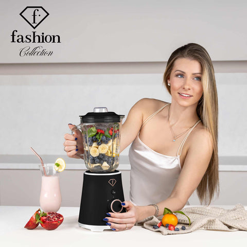 Product image of Table blender with 1,5L GLASS jar 1000W. Part of the MATTE BLACK- ROSE GOLD . Features: • Material: plastic, glass • Power: 1000 W • Voltage: 220-240V, 50-60 Hz • 1,5 L glass jar • Length of power cord: 80 cm • Color: black- rose gold. (Studio view). Official Berlinger Haus product, boosted by Promintra sl.