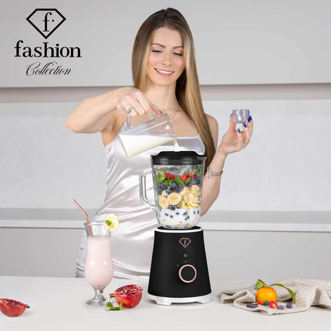 Product image of Table blender with 1,5L GLASS jar 1000W. Part of the MATTE BLACK- ROSE GOLD . Features: • Material: plastic, glass • Power: 1000 W • Voltage: 220-240V, 50-60 Hz • 1,5 L glass jar • Length of power cord: 80 cm • Color: black- rose gold. (Studio view). Official Berlinger Haus product, boosted by Promintra sl.